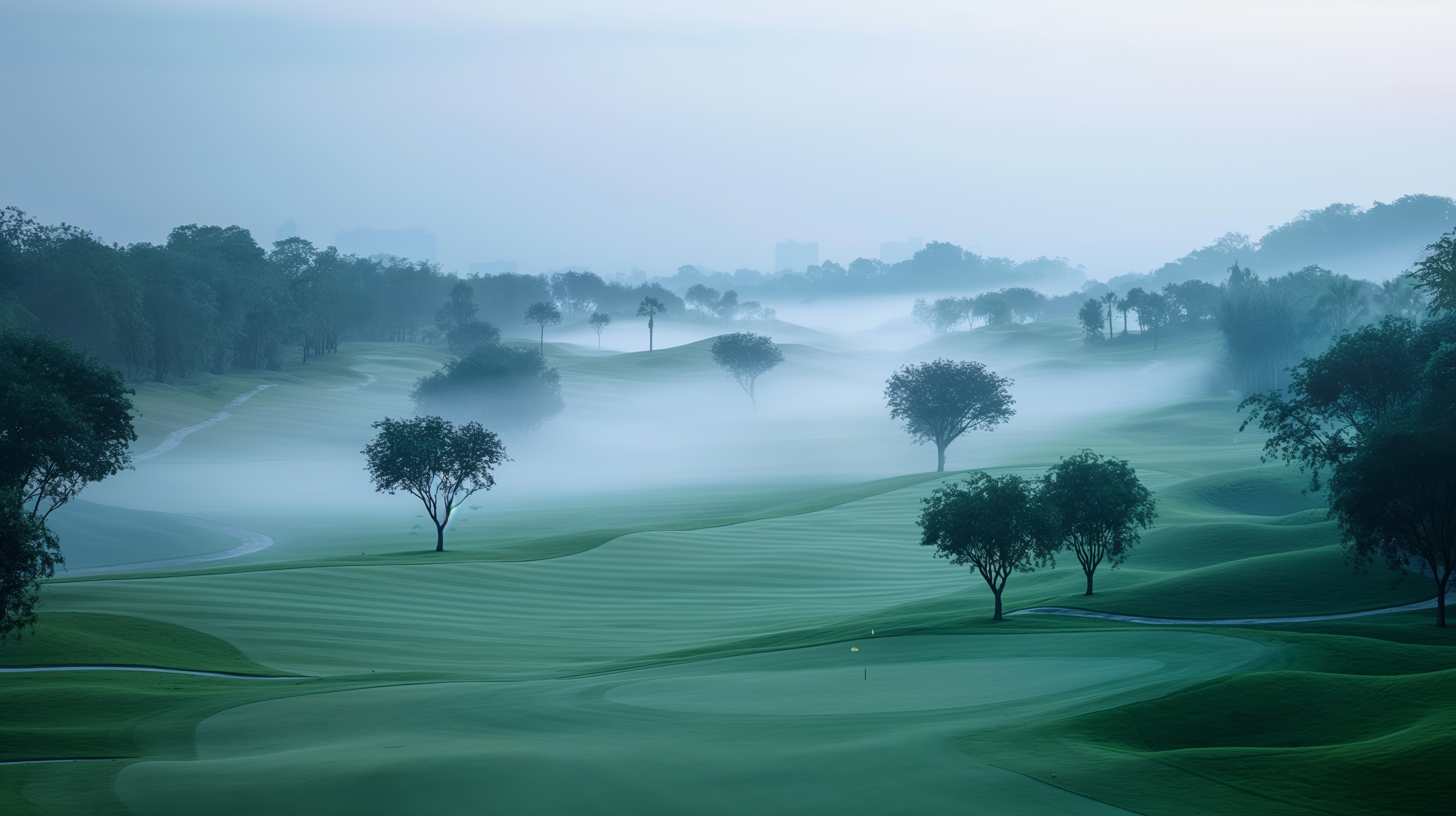 Golf course in morning fog